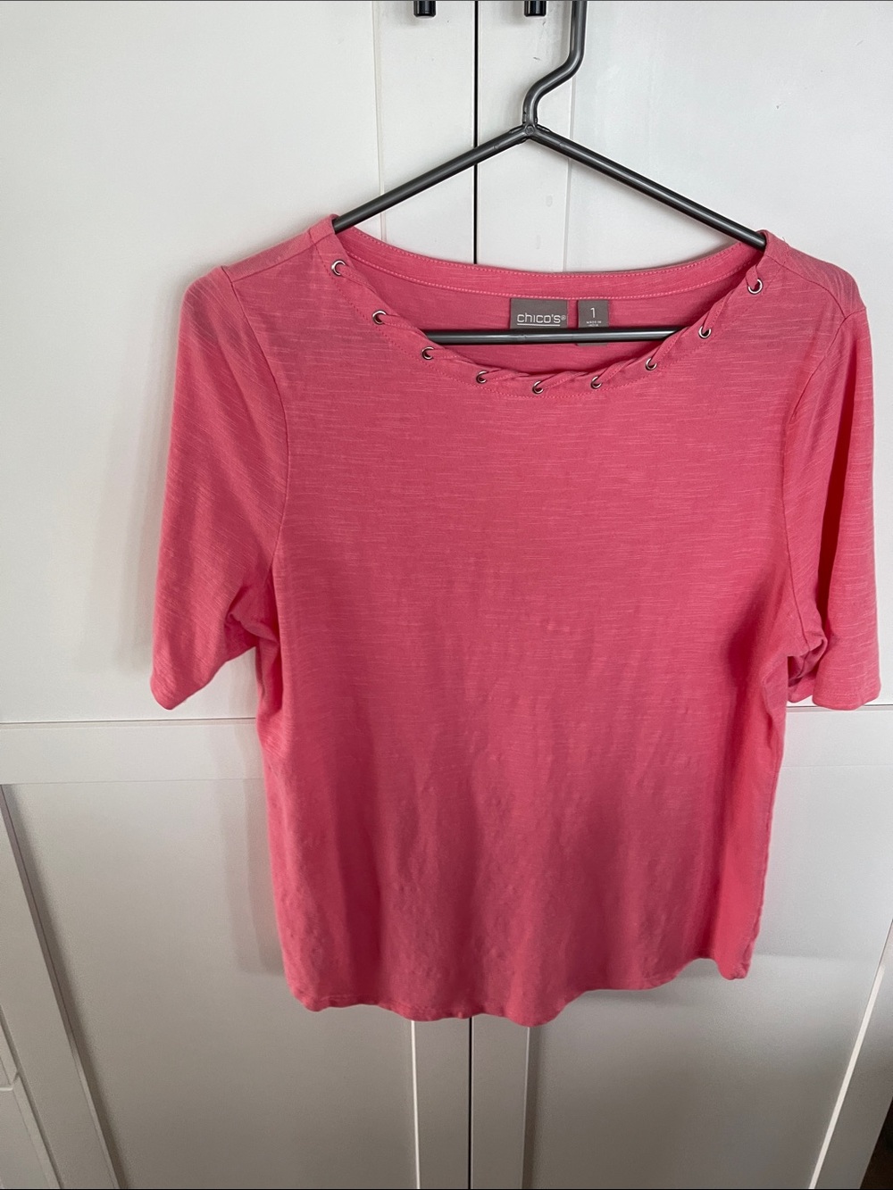 Chico's Coral Pink Short Sleeve Eyelet-Accent Tee